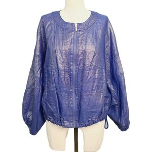 Elevenses Anthropologie Metallic Blue Linen Blend Balloon Sleeve Zip Jacket XS/S
